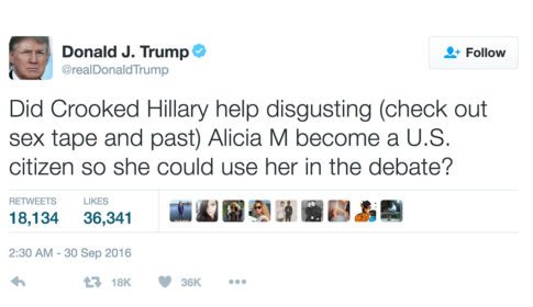 A Tweet by Donald Trump about Crooked Hillary and Alicia M sex tape
