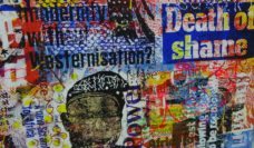 Brightly colored Nigerian mural with multiple text overlays including Death to Shame