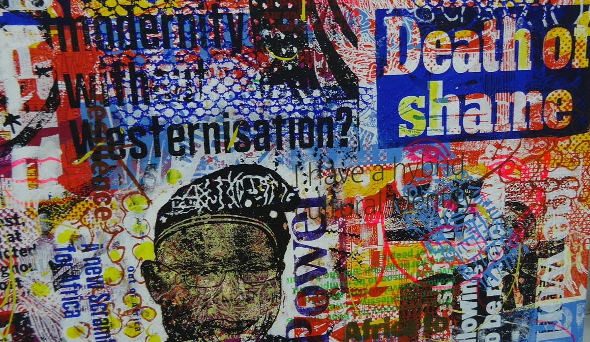 Brightly colored Nigerian mural with multiple text overlays including Death to Shame