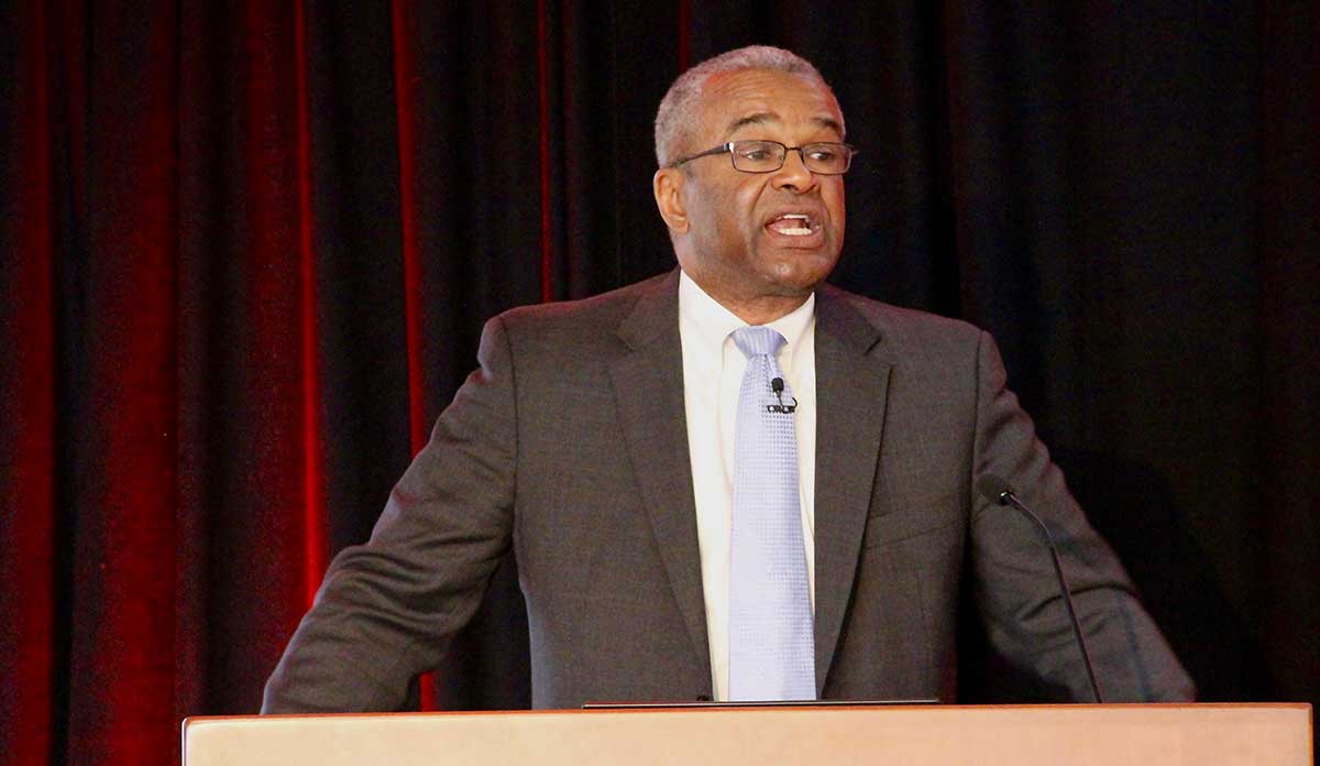 Ron Sims at the podium during a lecture at Boston University School of Public Health