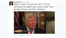 Dan Diamond Tweet about Trump promising his healthcare plan would cover more people at less cost than Obama's.