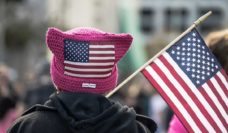 The back of the head of a person carrying an American flag, wearing a pink knitted "pussy hat" with an American flag on it