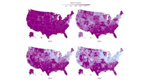 Four maps showing reduction in ACA coverage