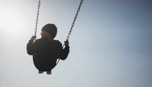 A boy in a swing against the sky