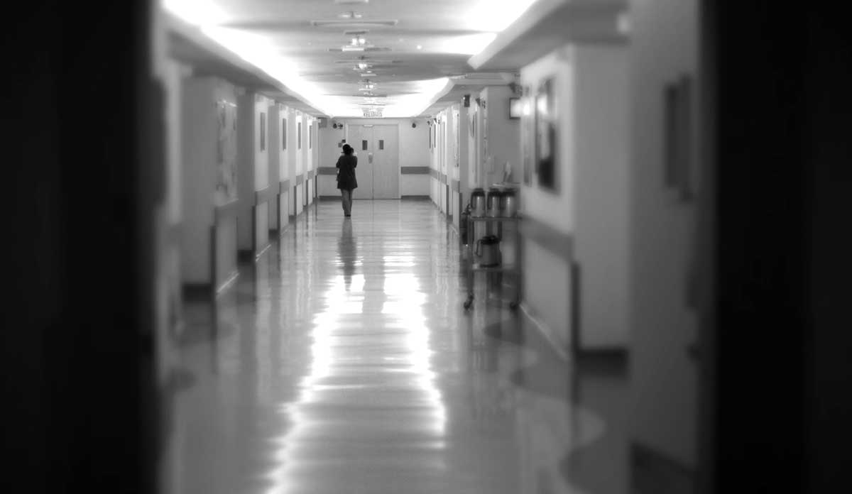 Blurry hospital hallway in black and white