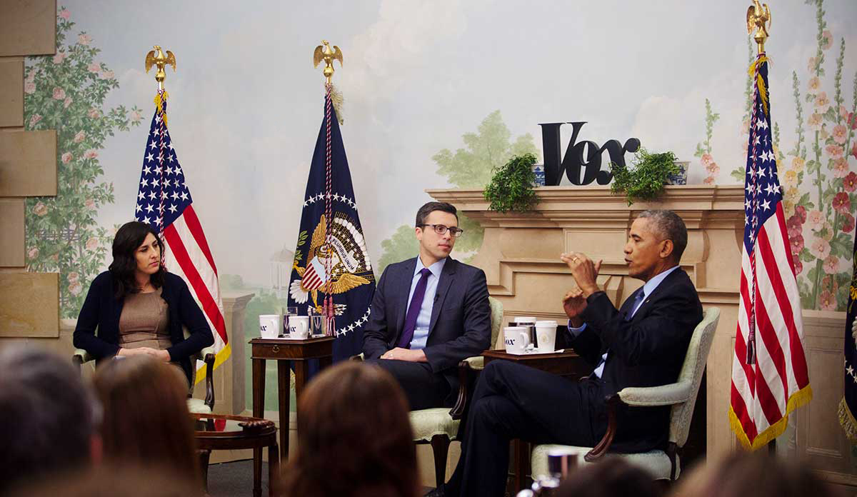 Sarah Kliff and Ezra Klein from VOX, interviewing President Barack Obama at the White House