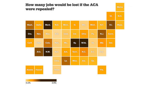 A graphic of the United States ACA showing job loss by state