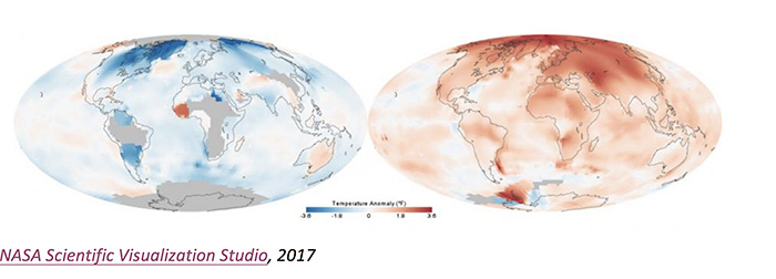 NASA Scientific Visualization Studio maps showing global temperature increase