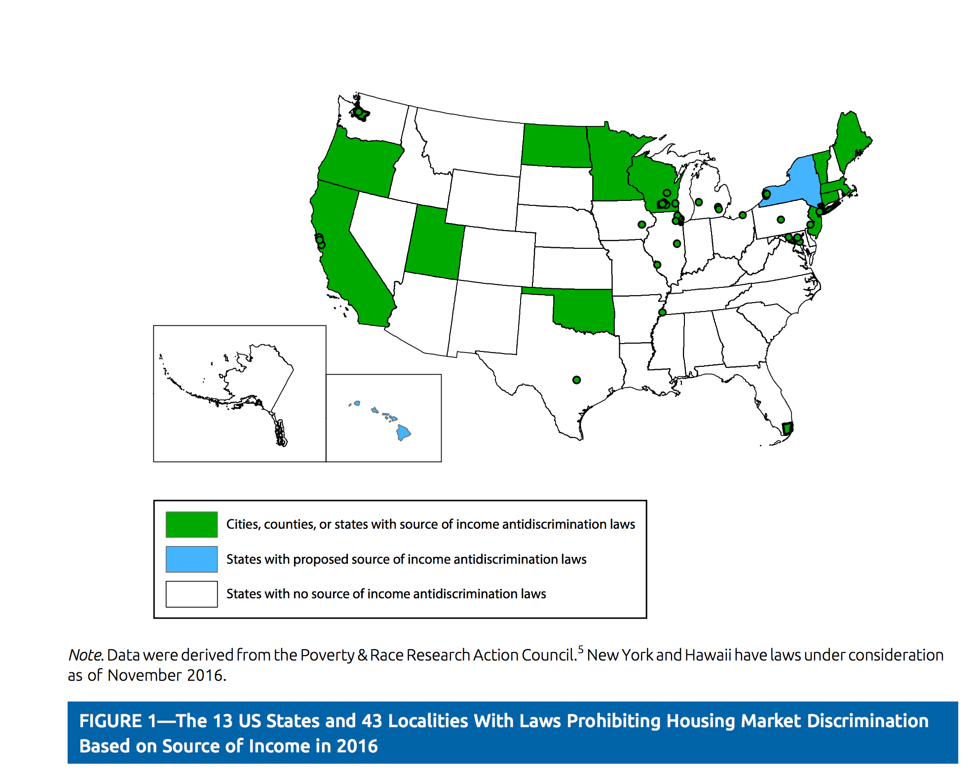 US Map showing states with laws prohibiting housing market discrimination