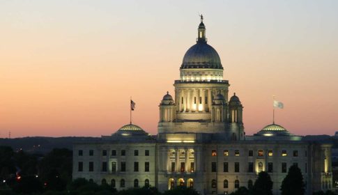 The Rhode Island State Capitol building at sunset
