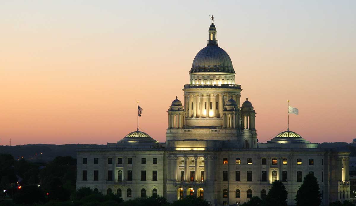 The Rhode Island State Capitol building at sunset