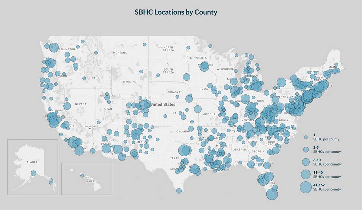 Map of US showing School-Based Health Centers
