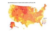 Map of United States showing prevalence of seatbelt compliance by US county in 2012