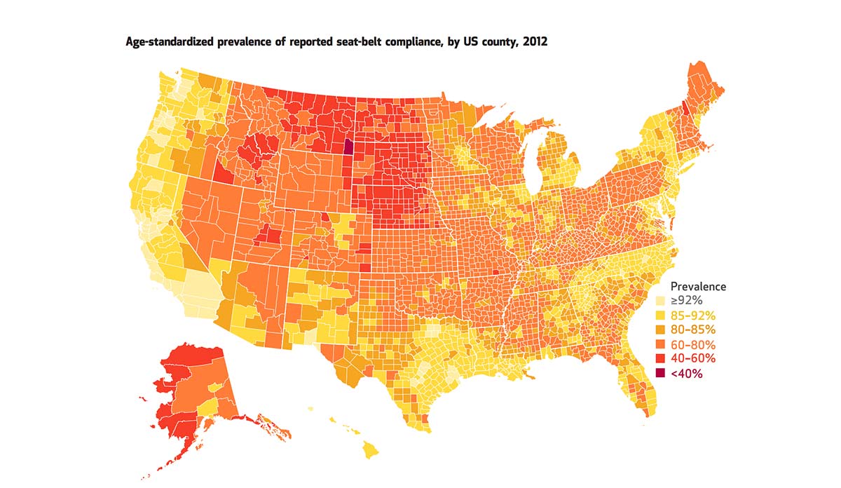 Map of United States showing prevalence of seatbelt compliance by US county in 2012