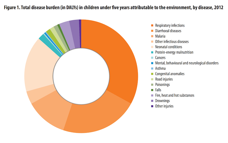 Chart showing disease in children under five attributable to the environment, by disease, 2012