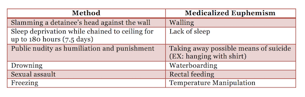 Chart showing method of torture with corresponding medicalized euphemism