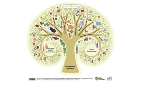 Illustration of a tree showing the relationship of green spaces and wellbeing