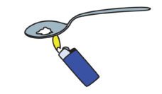 A cartoon drawing of a lighter heating heroin in a spoon