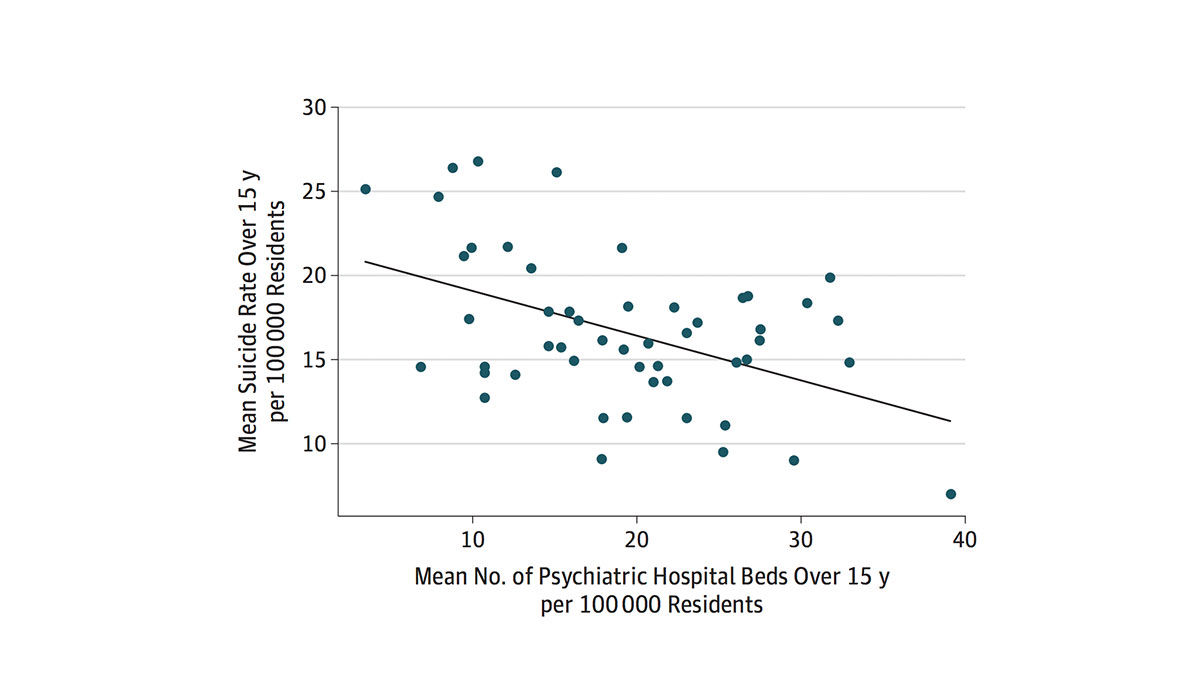 Graph showing inverse relationship between suicides and psychiatric hospital beds