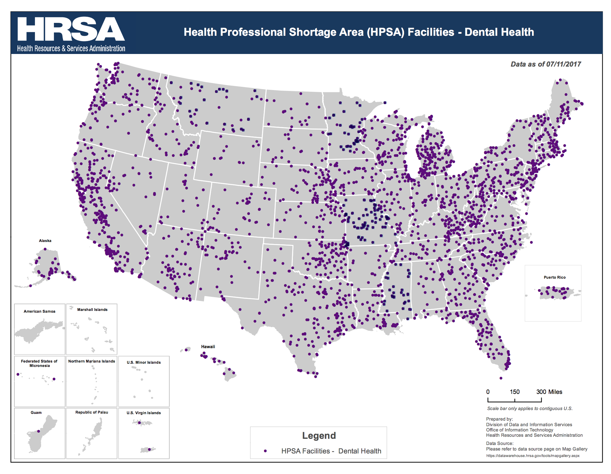 Map showing healthcare professional shortage areas in dental health