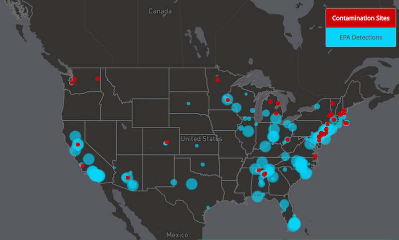 Map of United States showing contamination sites and water systems