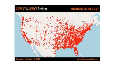 Map of the United States showing incidents of gun violence in 2017