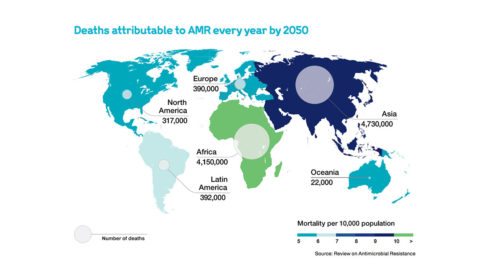 Map of the world showing deaths attributable to antimicrobial resistance by 2050