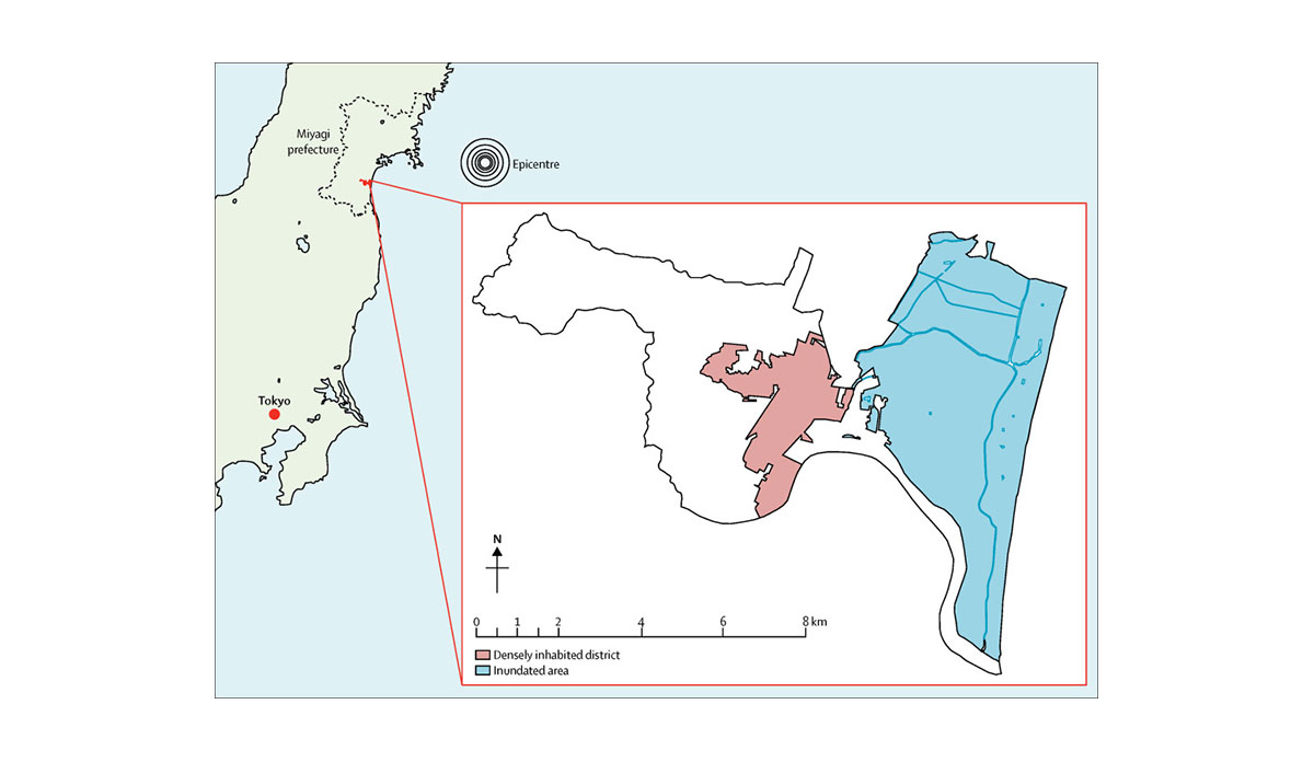 Map of inundated area in Iwanuma City, Japan