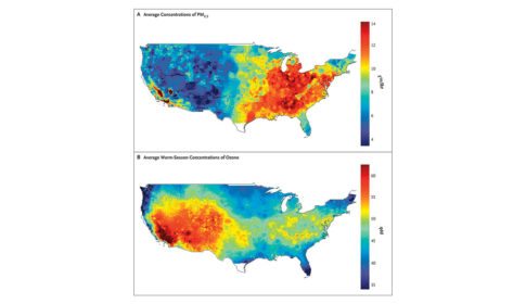 Maps of US showing fine particle pollutants and ozone concentrations