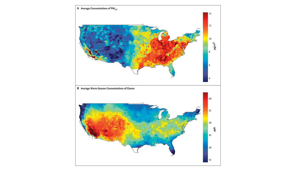 Maps of US showing fine particle pollutants and ozone concentrations