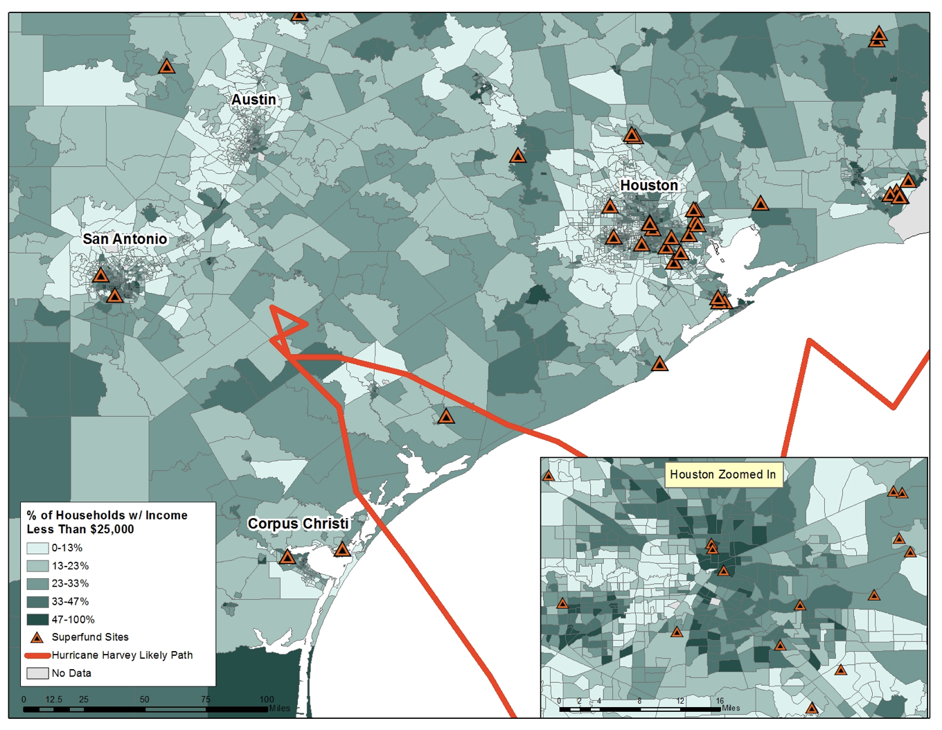 Map showing Households with Income Less Than $25,000 in relation to Superfund Sites in Houston