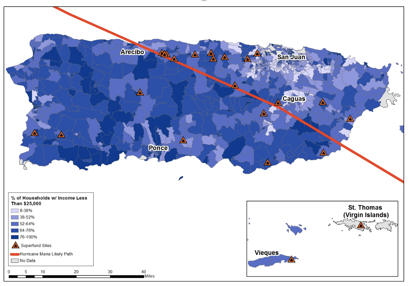 Map showing Households with Income Less Than $25,000 in relation to Superfund Sites in Puerto Rico