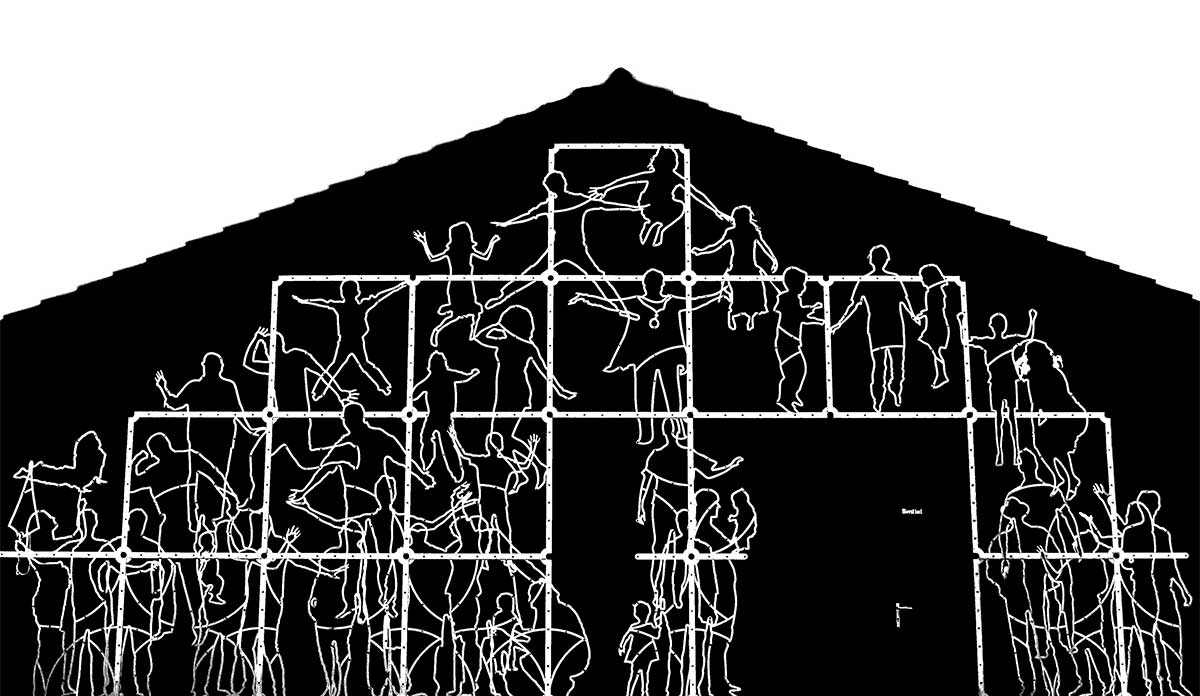 Black and white drawing of a group of people under a roof