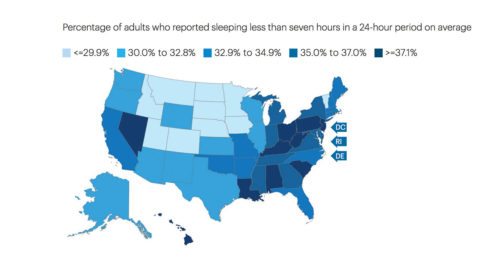 Map of the US showing percentage of people who slept less than 7 hours a night