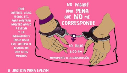 Pink poster with a drawing of hands in handcuffs for a #JusticiaParaEvelyn rally