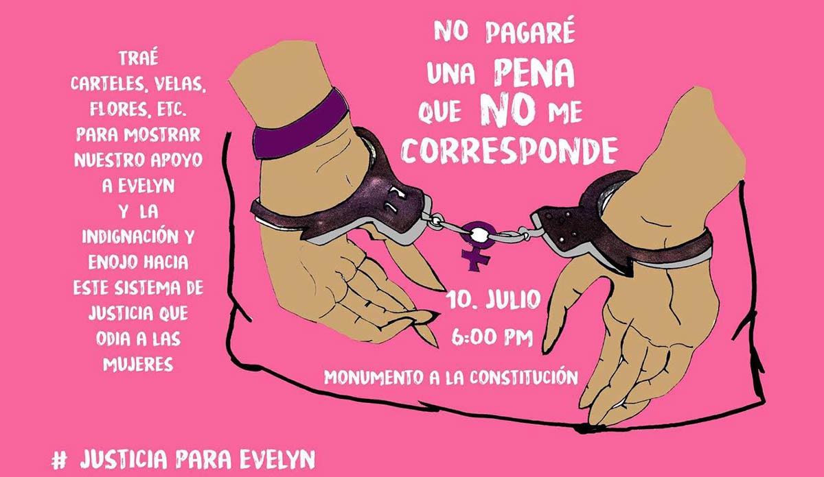 Pink poster with a drawing of hands in handcuffs for a #JusticiaParaEvelyn rally