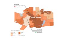 A map of Fort Worth showing infant deaths by zipcode