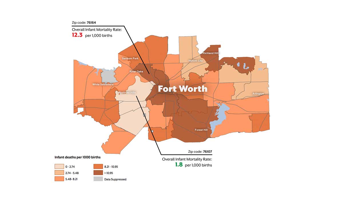 A map of Fort Worth showing infant deaths by zipcode