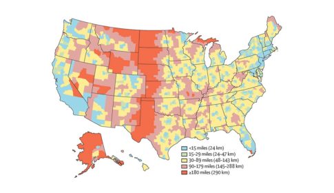 Map of US showing median distance to the nearest abortion provider by county, 2014.