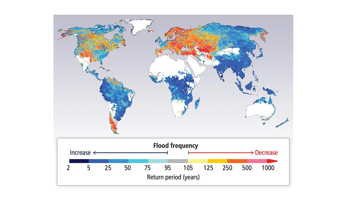 World map showing return period (years) in the 2080s for the 20th century 100-year flood