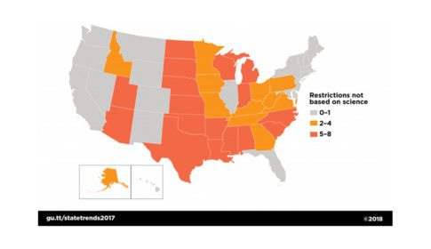 Map of the US showing number of abortion restrictions by state