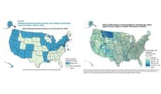 Two maps of the US showing Medicaid uninsured rates and expansion states