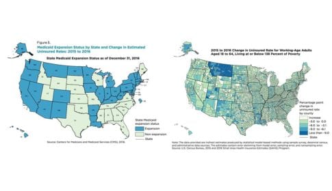 Two maps of the US showing Medicaid uninsured rates and expansion states
