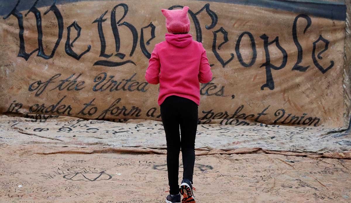 Girl in Pink Hat in front of We the People banner at Women's March