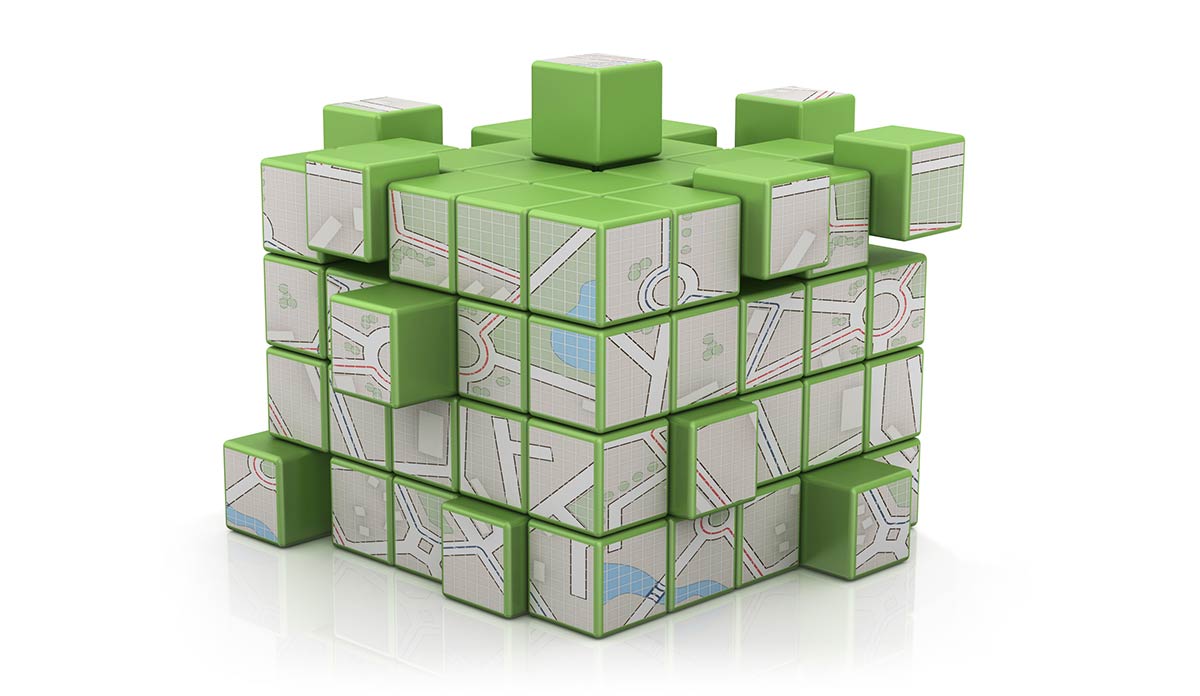 A city map printed on a stack of small individual blocks