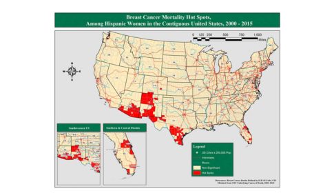 Map of the US showing breast cancer hot spots for Hispanic women