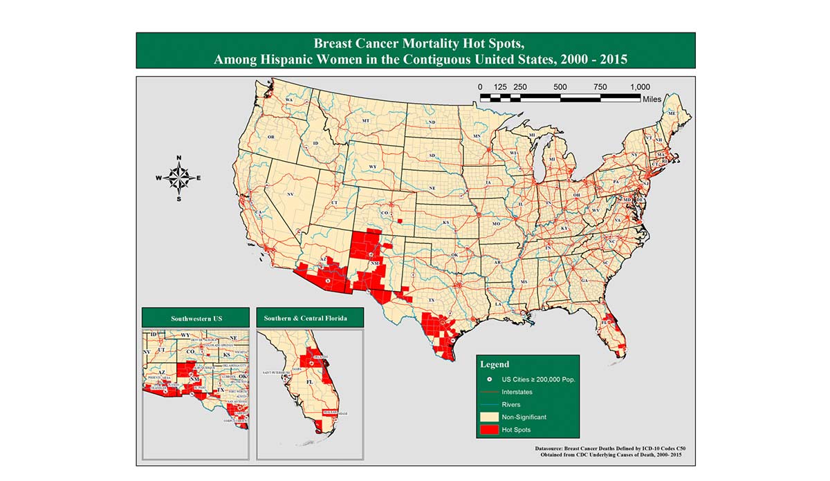 Map of the US showing breast cancer hot spots for Hispanic women