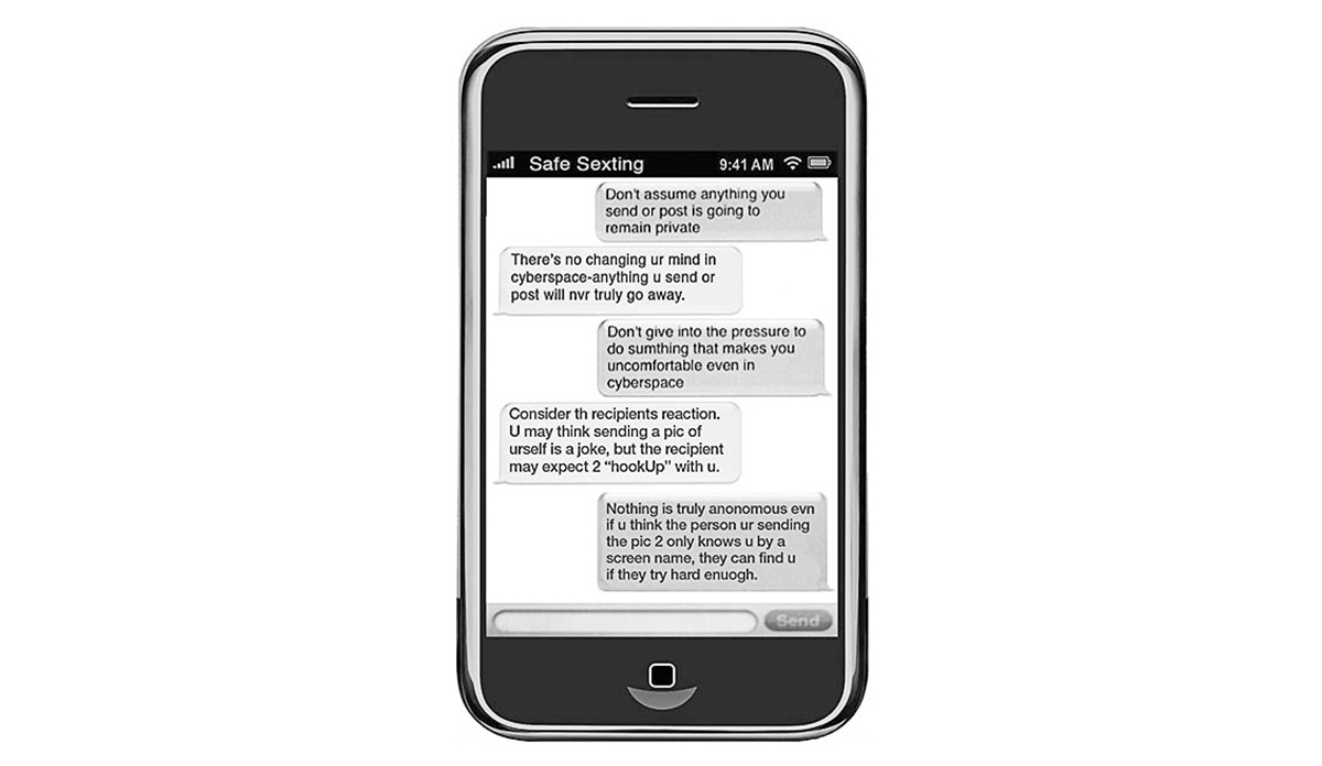 Smartphone with texts cautioning against sexting. 