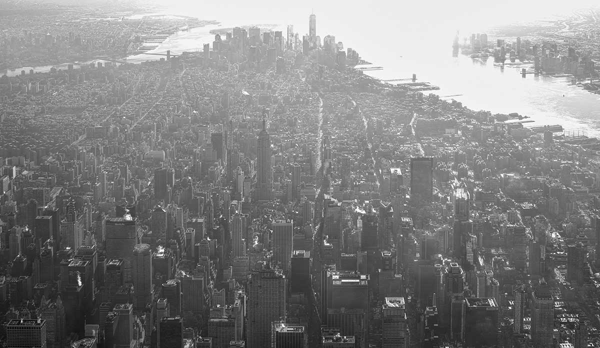 Black and white view of Manhattan from above