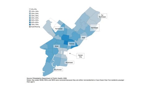 Map of Philadelphia showing percent of children under age 5 in poverty, by zip code, 2016
